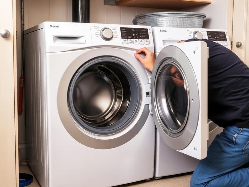 Technician repairing a front-load washing machine