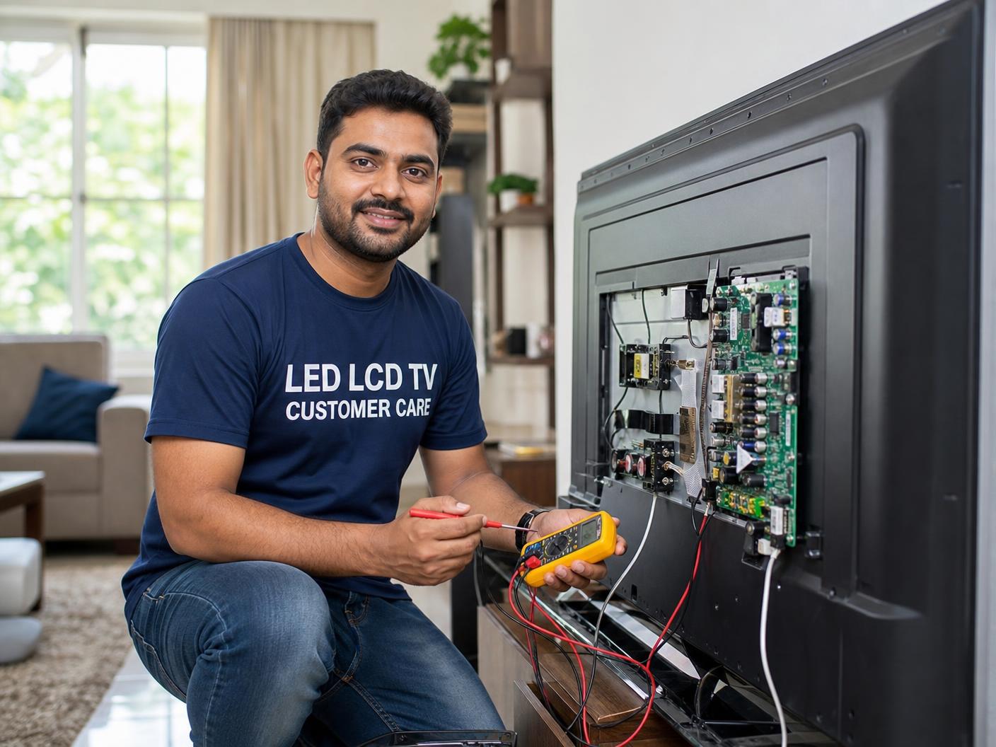 Technician in a LED LCD TV Customer Care uniform T-shirt repairing the internal board of a flat screen television