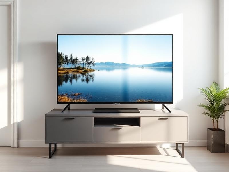 LCD television showing a lake landscape in a bright living room